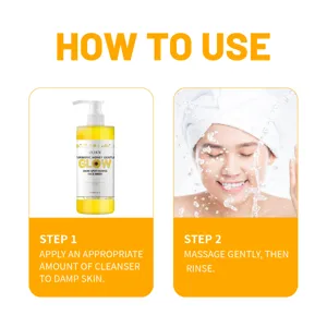 Detail view of turmeric honey facial cleanser usage steps, showing gentle cleansing foam application.