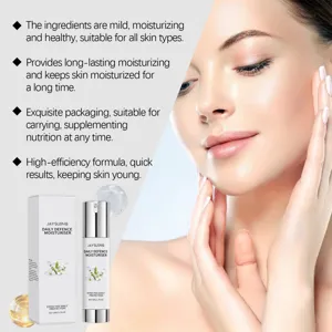 Detailed view of Jaysuing Daily Defence Moisturiser with model showcasing healthy skin