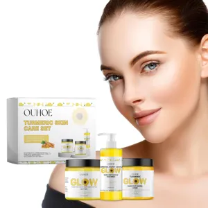 OUHOE turmeric skincare set, gentle face wash, exfoliating scrub and hydrating butter.