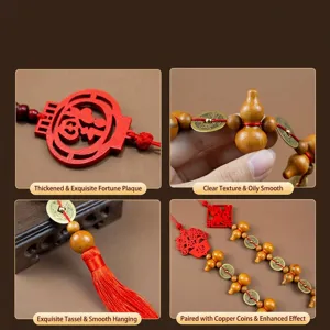 Traditional Chinese Feng Shui peach wood gourd ornament with Wudi copper coins for home decor