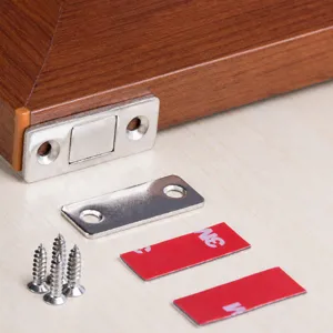 Punch-free ultra-thin invisible magnetic door catch for sliding wardrobe doors with screws and adhesive.