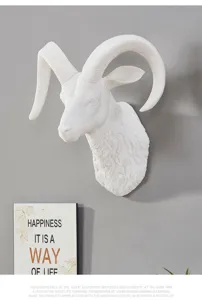 Nordic minimalist white goat head wall hanging sculpture, creative animal decor for living room.