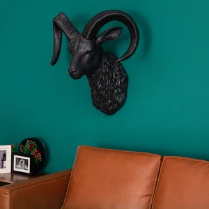 Black Ram Head Wall Hanging Sculpture Resin Animal Decor for Living Room Bar Home Interior