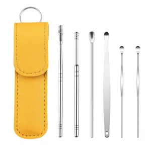 Set di pulizia per orecchie in acciaio inossidabile con custodia in pelle per cerume.