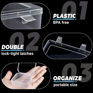 Vista dettagliata della scatola di plastica trasparente, senza BPA, doppia chiusura.