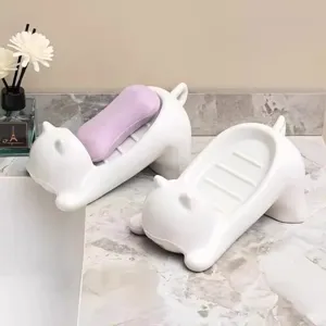 Cute cartoon cat soap dish holder for bathroom, creative drain soap rack sink organizer.