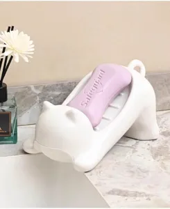 Cute cat shape soap dish drainer holder for bathroom countertop sink organization.