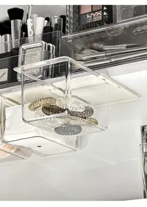 Transparent acrylic makeup storage box and drawer detail view for bathroom vanity