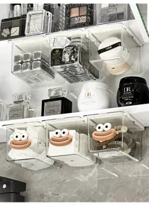 Clear under-shelf makeup organizer with cute big mouth drawer design for bathroom and vanity storage.