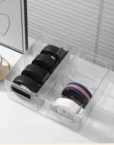 Detailed macro view of transparent acrylic organizer showing belts in separate slots