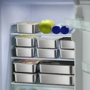 Contenedor de almacenamiento de alimentos de acero inoxidable con tapa, organizador de nevera.