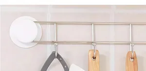 Stainless steel kitchen hanging rail detail view, punch-free suction cup wall storage rack.