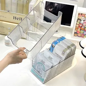 Transparent PET Facial Mask Storage Box Desktop Makeup Organizer With Handles Large Capacity Divided Storage Bin For Skincare