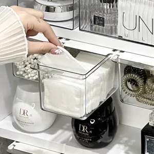 Clear plastic drawer organizer for cotton pads, transparent desktop storage box for bathroom vanity.