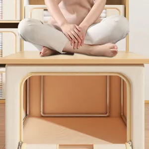 Foldable fabric storage box with wooden top for clothes, heavy duty wardrobe organizer bin.