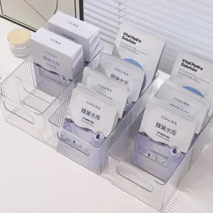 Clear acrylic facial mask storage boxes with 3 compartments for vanity desktop organization