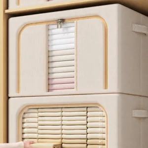 Large capacity fabric storage box with front opening door and clear visual window for wardrobe.