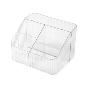 Clear plastic desktop cosmetic organizer multi-compartment storage box for makeup brushes.