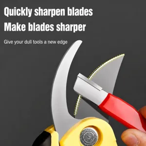 Portable garden shear blade sharpener tool with ergonomic handle for quick pruning tool maintenance.