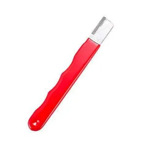 Handheld garden shear knife sharpener with red plastic handle for outdoor pruning tools.