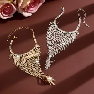 Stunning rhinestone tassel slave bracelet hand chain, luxury party jewelry accessory for women.