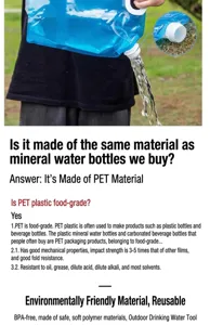 Outdoor portable collapsible water bag detail view, safe PET material, eco-friendly design.