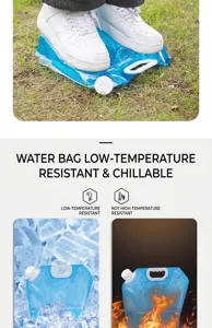 Detail view of the portable collapsible water bag showing temperature resistance and usage.
