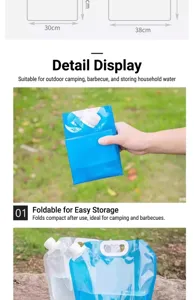Closeup view of the portable folding water bag showing durable plastic material for camping.
