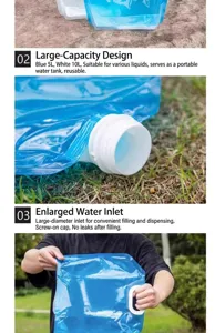 Collapsible water bag detail showing large capacity, durable material, and wide spout design.