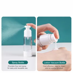 Travel vacuum dispenser bottle, portable pump lotion and fine mist spray bottle for daily skin care.