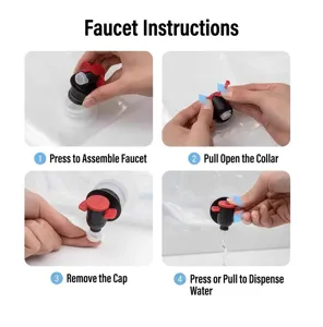 Portable collapsible water bag faucet operation guide detail showing step by step usage instructions.