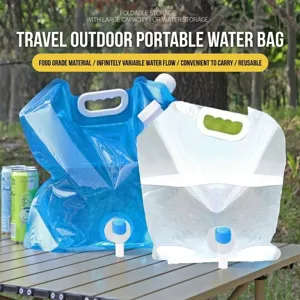 Outdoor collapsible water storage bag with spigot for camping, hiking and travel use.