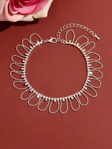 Silver rhinestone wave tassel anklet, double row tennis chain with adjustable clasp for summer.