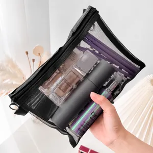 Borsa cosmetica in rete nera portatile con cerniera, custodia per trucco leggera per viaggi.