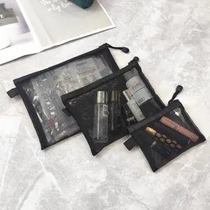 Set di borse cosmetiche in rete nera, custodia trasparente con cerniera per trucco da viaggio.