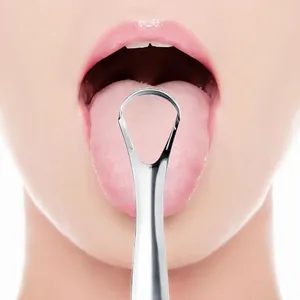 Grattoir langue en acier inoxydable pour haleine fraîche et soin d'hygiène buccale.
