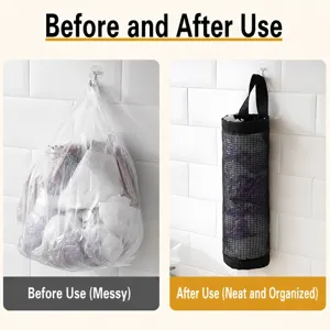 Wall-mounted mesh garbage bag holder, durable kitchen grocery bag storage organizer.