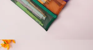 Close-up detail of the colorful mesh pencil pouch compartments showing quality zipper and fabric.