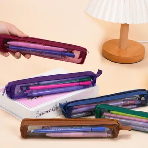 Transparent mesh pencil case, portable stationery storage bag for students, durable zip pouch.