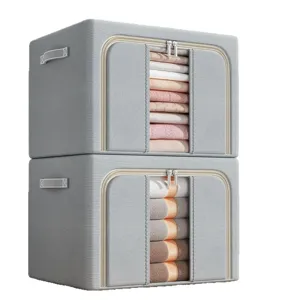 Large capacity fabric clothing storage box for home wardrobe, foldable organizer with clear window.
