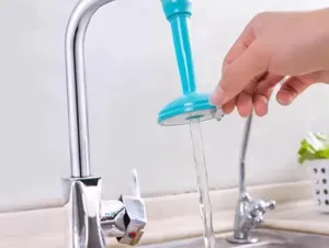 Silicone faucet extender detail view showing the flexible blue spout for easy hand washing.