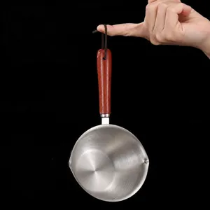Stainless steel hot oil pouring pot with wooden handle kitchen small spoon for cooking