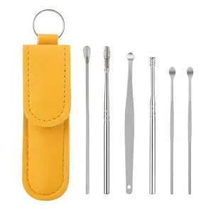 Roestvrijstalen orenschoonmaak set met gele lederen etui, 6-delige set voor dagelijkse oorverzorging.
