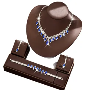 Bridal blue crystal teardrop necklace earrings bracelet jewelry set for women wedding party accessories