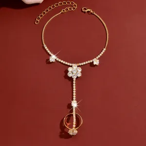 Prachtige gouden strass bloem handketting armband ring set met zoete prinses stijl