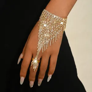 Gold rhinestone tassel slave bracelet hand chain for women luxury party fashion jewelry.