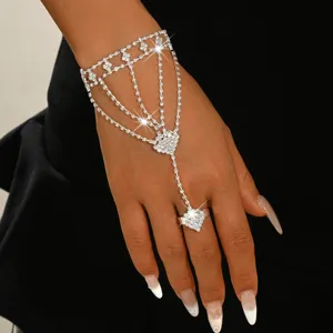 Rhinestone hand chain bracelet with ring, sparkling crystal slave bracelet for women party.