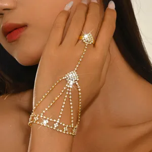 Rhinestone geometric hand chain slave bracelet fashion sexy tassel connected finger bracelet for women