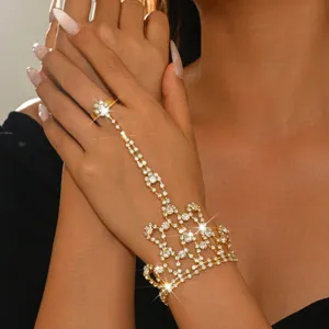 Elegant rhinestone slave bracelet for women, sparkling crystal hand chain ring jewelry.