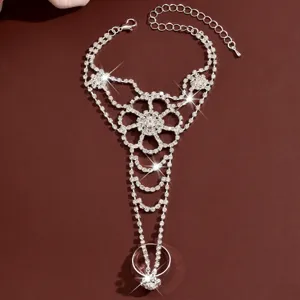 Silver rhinestone hand chain slave bracelet for women, sparkling crystal finger ring jewelry.